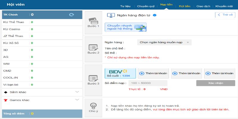Nạp tiền Cn3789 theo phương thức ngân hàng điện tử