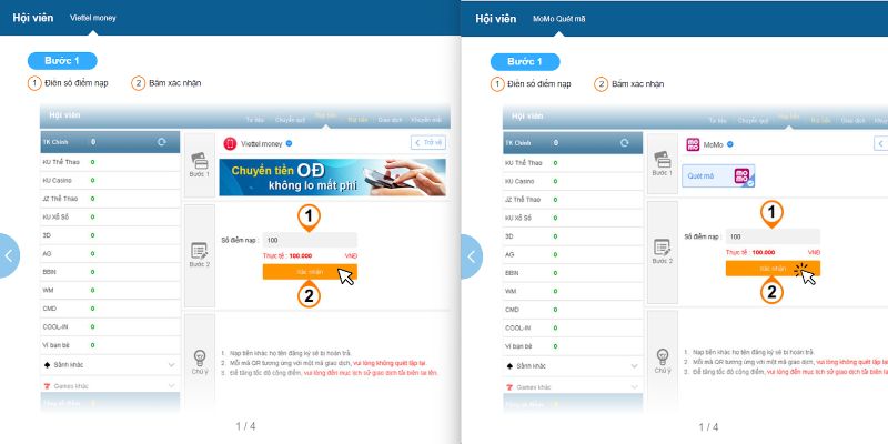 Nạp tiền vào Cn3789 bằng ví điện tử Momo/Viettel money